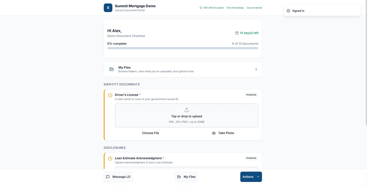 DocChaser borrower portal showing a document checklist with progress tracking, secure upload, and e-signing requests